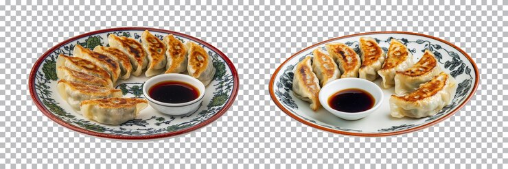 PSD albóndigas fritas gyoza salsa de soja en plato tradicional aislado en recorte de fondo transparente png
