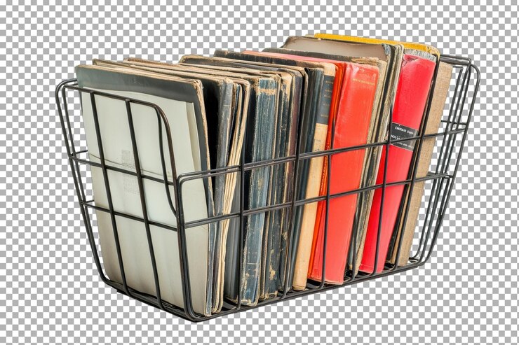 PSD álbumes de fotos antiguos almacenados en una canasta de alambre negro con cubiertas coloridas y bordes desgastados por años de uso