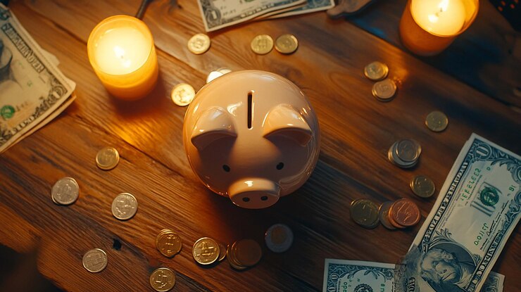 PSD la alcancía rodeada de dinero y monedas en una mesa de madera con velas