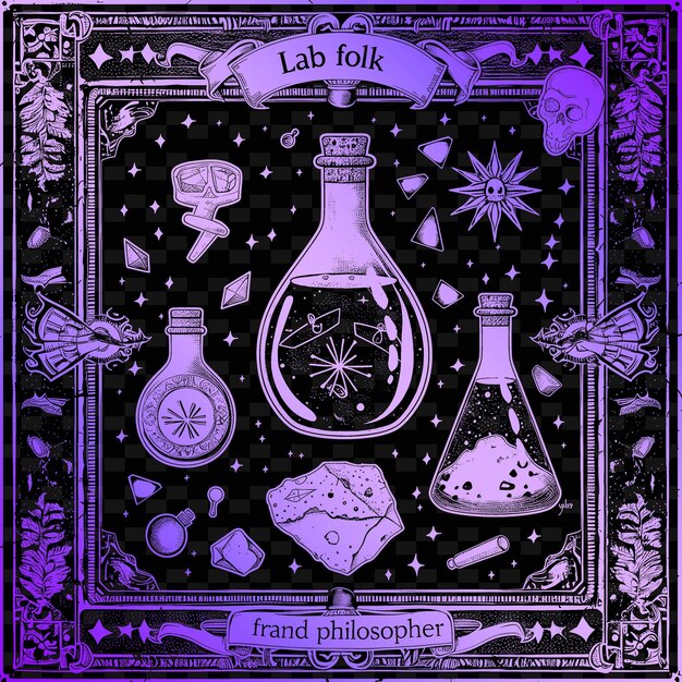 PSD alchemisten lab outline mit flaschenrahmen und philosophen st illustrationrahmen dekor sammlung