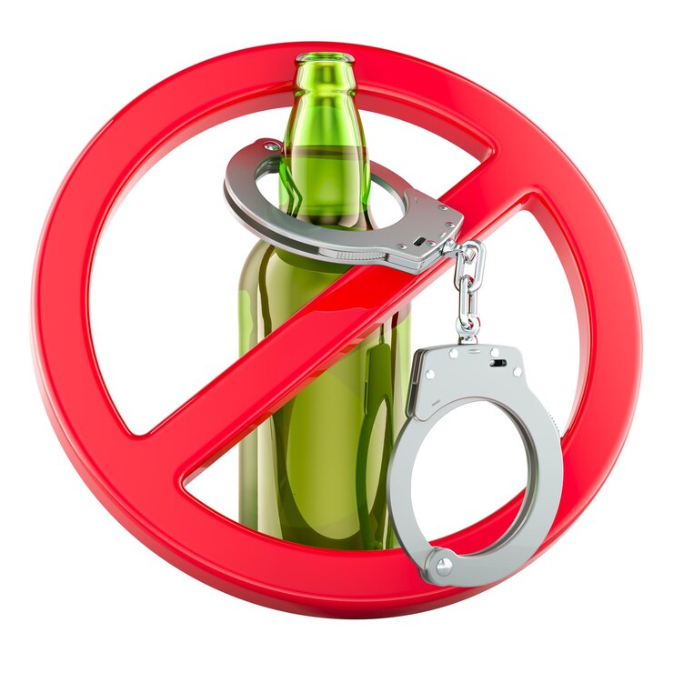 PSD alcohol addiction concept beer bottle with handcuffs inside prohibition sign 3d rendering isolated on transparent background