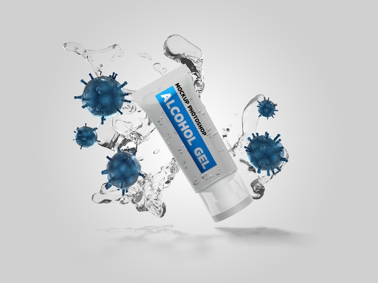 PSD alcohol gel corona virus mockup diseño de renderizado 3d