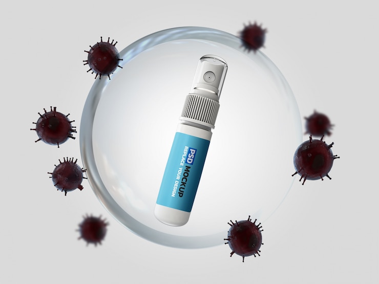 PSD álcool gel corona virus mockup 3d rendering design