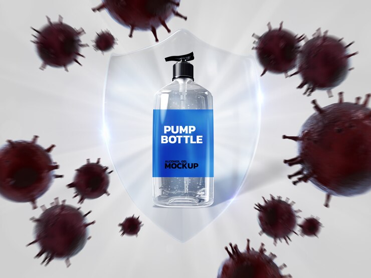 PSD álcool gel corona virus mockup 3d rendering design