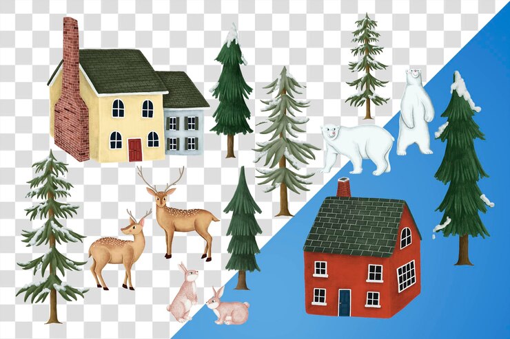 PSD aldea de navidad casas adhesivas png cabañas en fondo transparente