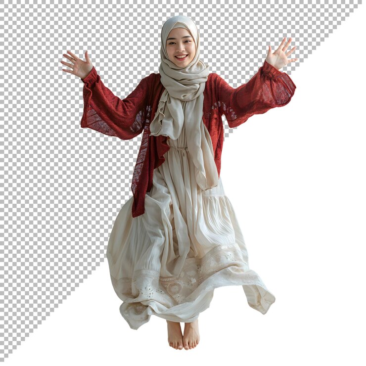 PSD alegre belleza asiática mujer hijab saltando aislada en un fondo transparente