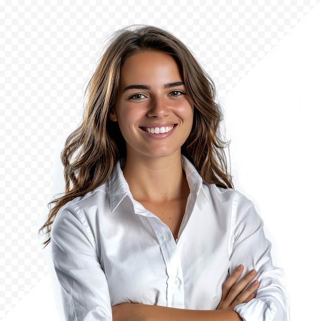 PSD alegre estudiante morena de negocios con camisa blanca con botones sonriendo confiada y alegre con los brazos cruzados aislados en un fondo blanco aislado