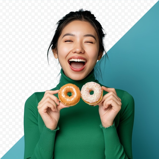 Alegre jovem asiática mantém a boca aberta segura donuts deliciosos e doces fecha os olhos de satisfação vestida com gola alta verde casual isolada sobre fundo azul isolado junk food c