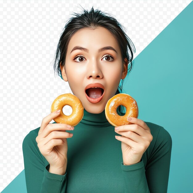 Alegre jovem asiática mantém a boca aberta segura donuts deliciosos e doces fecha os olhos de satisfação vestida com gola alta verde casual isolada sobre fundo azul isolado junk food c