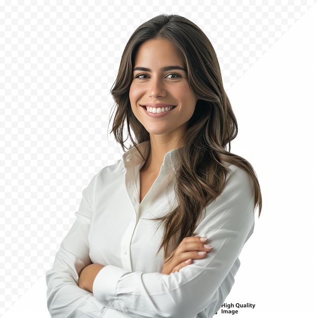 Alegre morena estudante de negócios em camisa de botão branco sorrindo confiante e alegre com os braços cruzados, isolado em um fundo branco e isolado