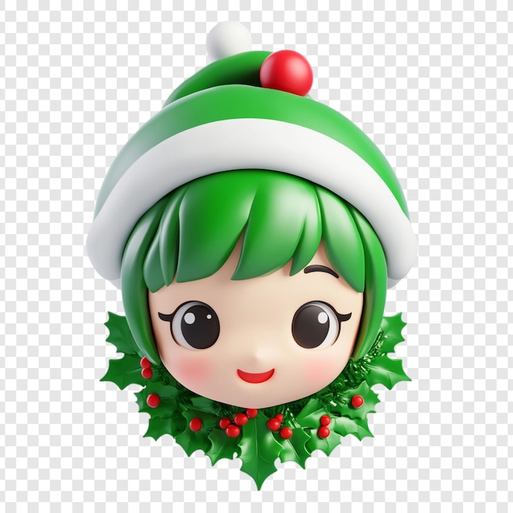 PSD la alegre niña elfa de pelo verde sonríe para la navidad el espíritu alegre de las fiestas