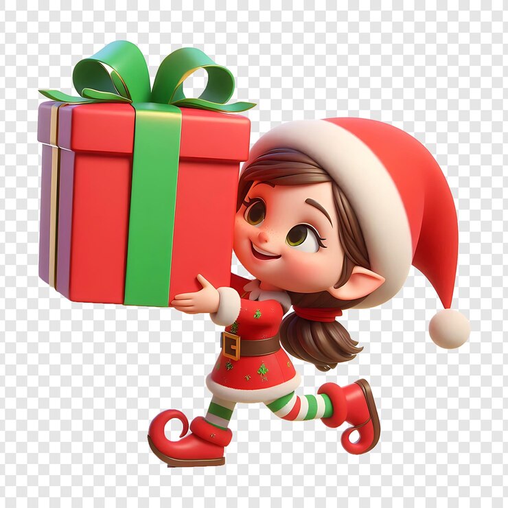 PSD la alegre niña elfa con un regalo gigante