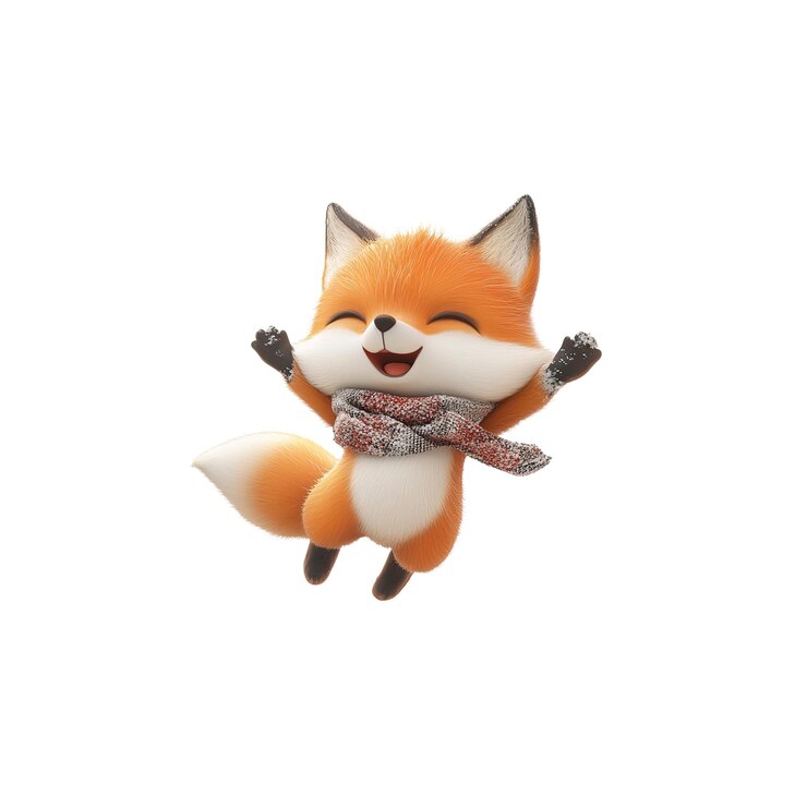 PSD alegre renderización en 3d de un lindo zorro de dibujos animados en la bufanda de invierno saltando de emoción