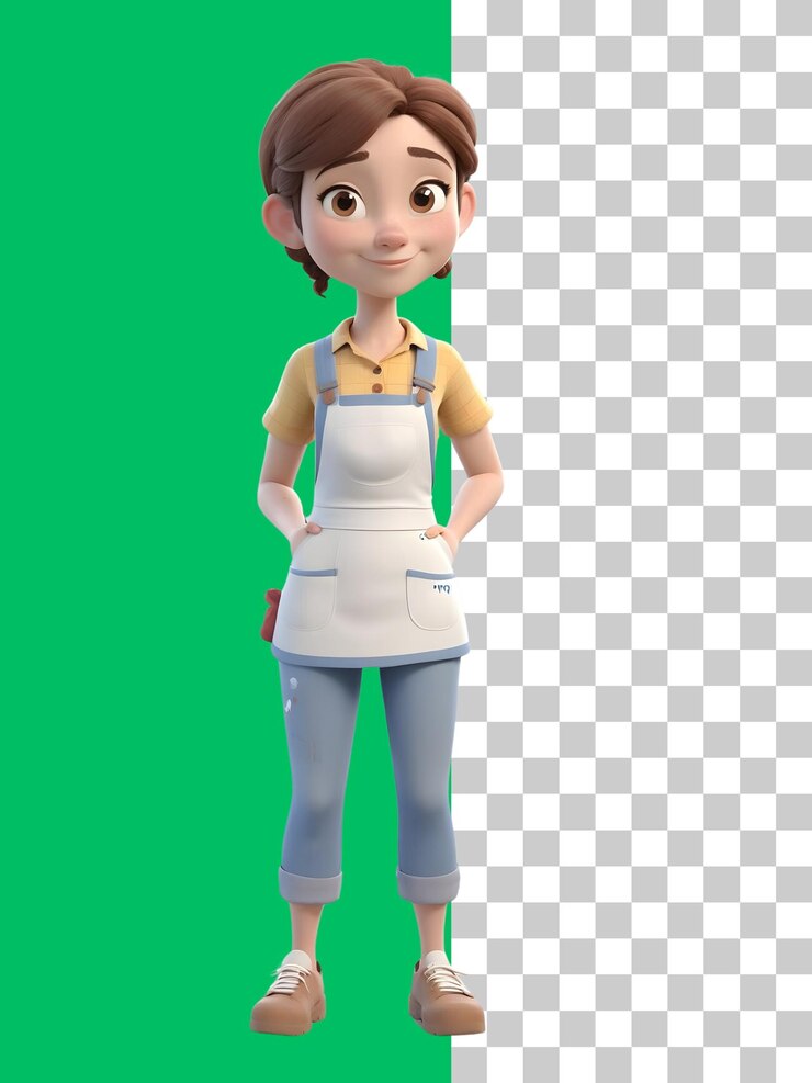 PSD alegre renderizado en 3d de una chica de dibujos animados con un delantal contra un