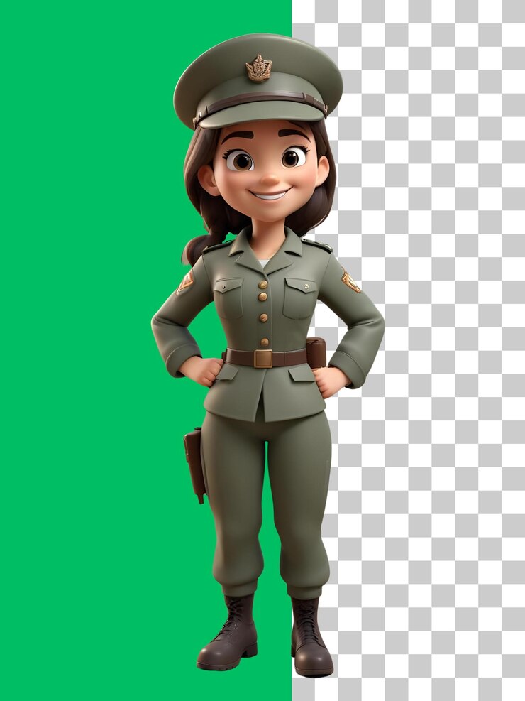 PSD una alegre representación en 3d de una guardabosques en uniforme de pie con confianza frente a una pantalla verde