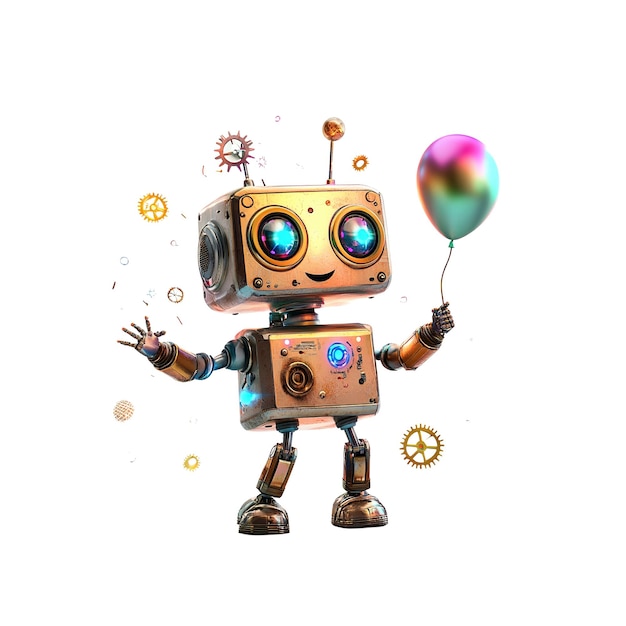Alegre robot retro con globo y confeti