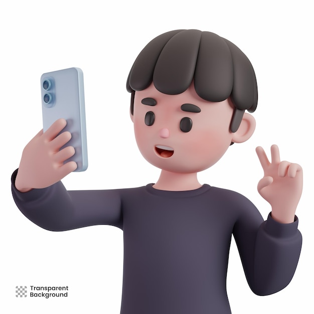 Alegre tomando un selfie con el personaje 3D del teléfono