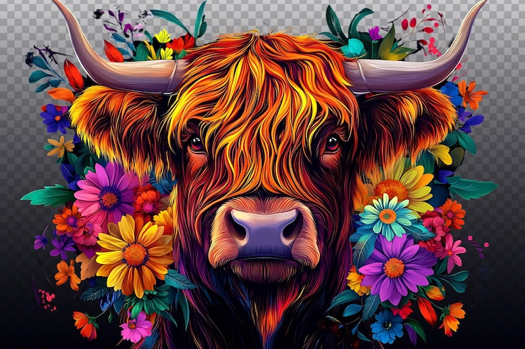 PSD la alegre vaca de las tierras altas rodeada de coloridas flores