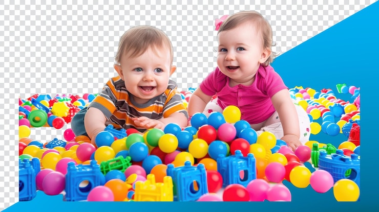 PSD alegria de brincar com bolas coloridas em um espaço interior brilhante com fundo transparente