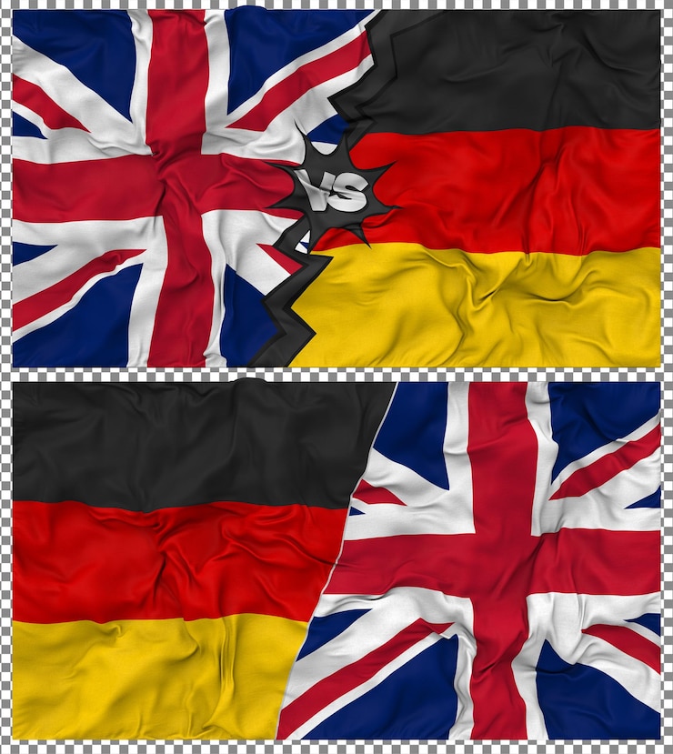PSD alemania contra el reino unido media bandera combinada tejido bump textura renderización 3d