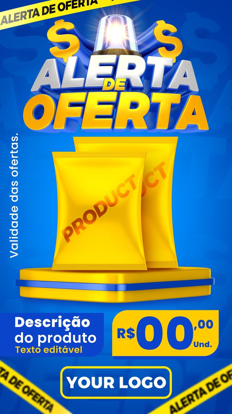 PSD alerta de oferta para português azul e amarelo 3d brasileiro composição histórias template