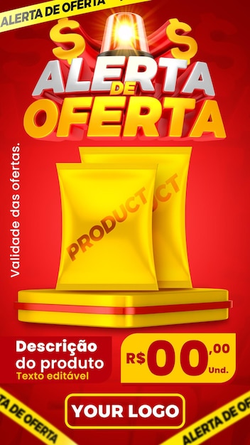 PSD alerta de oferta para português vermelho e amarelo 3d brasileiro composição histórias template