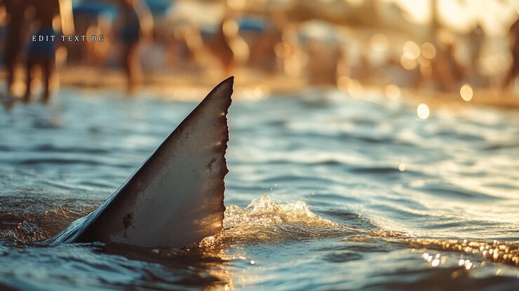 PSD la aleta de tiburón emerge del agua del océano cerca de la multitud de la playa al atardecer