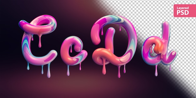 PSD alfabeto 3d com derretendo a pintura colorida. letras c c d d.