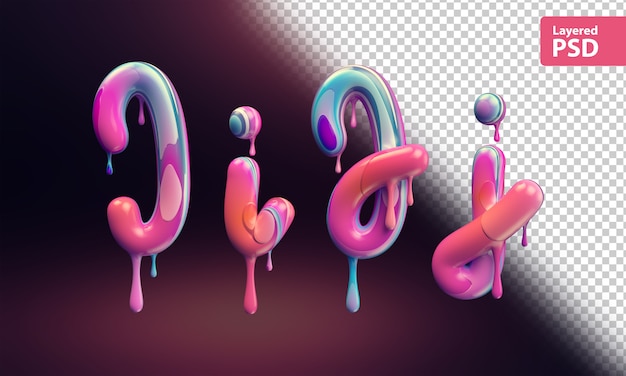 Alfabeto 3d con fusione di vernice colorata. Lettere I i J j.