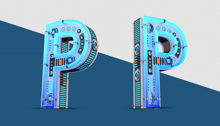 PSD alfabeto 3d con neon blu ed effetto luce al neon.