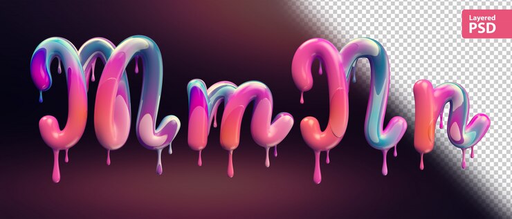 Alfabeto 3D con fusión de pintura colorida. Letras M m N n.