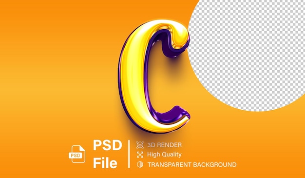 Alfabeto 3D letra C Cor amarela brilhante e roxa isolada em fundo transparente
