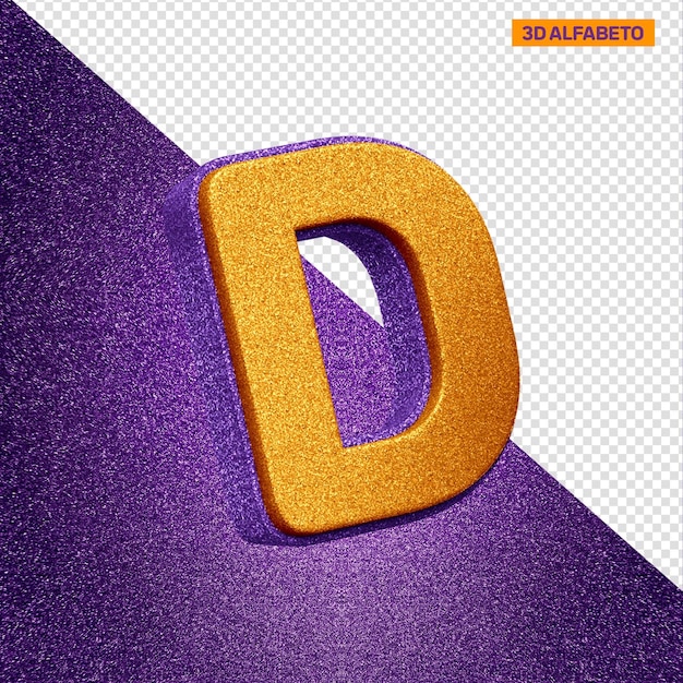 PSD alfabeto 3d letra d com textura de glitter laranja e violeta