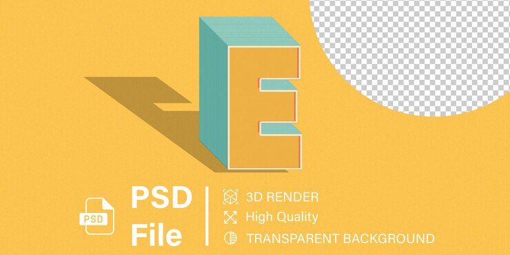 PSD alfabeto 3d letra e color amarillo aislado sobre un fondo transparente