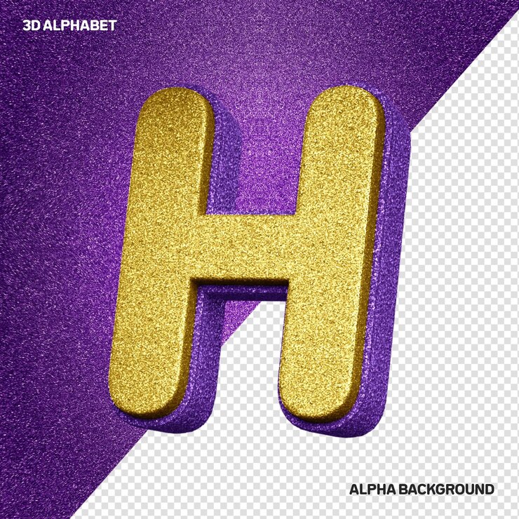 PSD alfabeto 3d letra h con textura realista de brillo dorado con lilas