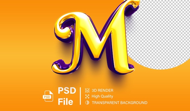 Alfabeto 3D letra M Color amarillo brillante y púrpura aislado sobre un fondo transparente