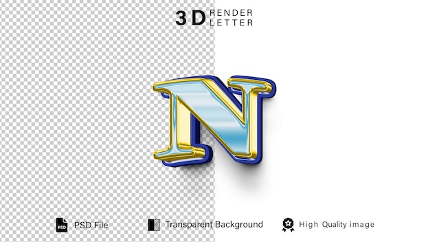 Alfabeto 3D letra N cor de luz azul isolada em fundo transparente