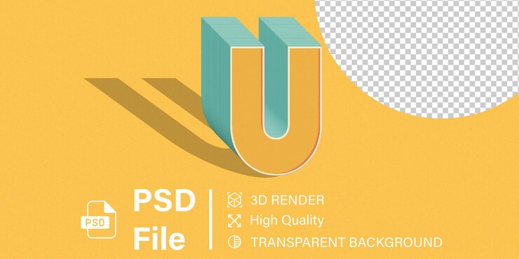 PSD alfabeto 3d letra u color amarillo aislado sobre un fondo transparente