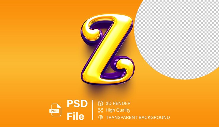 PSD alfabeto 3d letra z color amarillo brillante y púrpura aislado sobre un fondo transparente