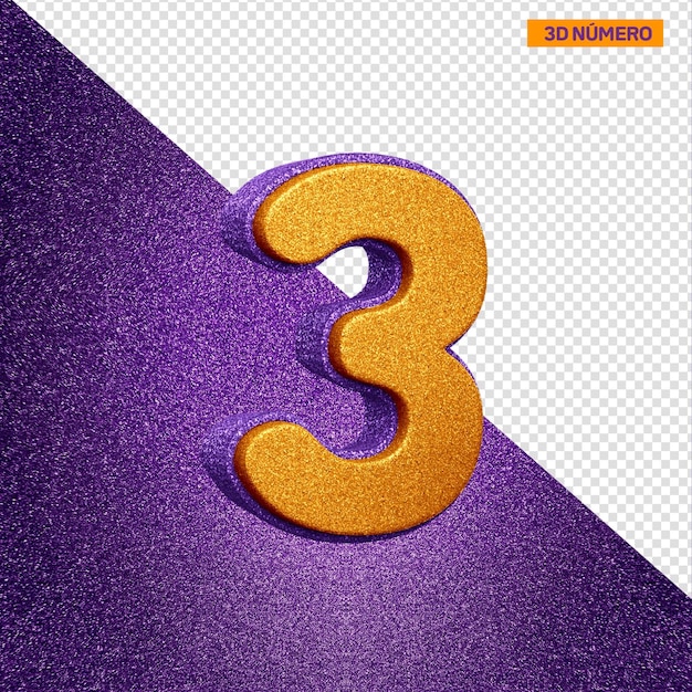 PSD alfabeto 3d número 3 com textura de glitter laranja e violeta