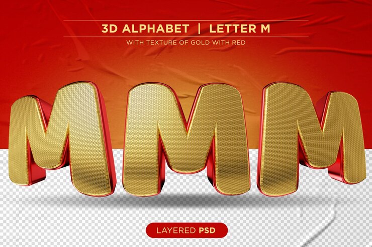 PSD alfabeto 3d rojo con letra dorada m