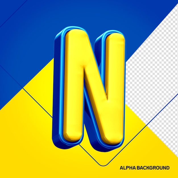 PSD alfabeto amarelo com letra n 3d azul