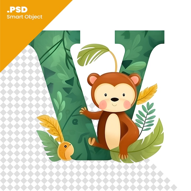 PSD alfabeto animal letra v com macaco bonito e folhas ilustração vetorial modelo psd