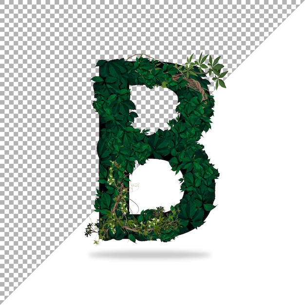 Alfabeto b con efecto hoja 3d en psd con fondo transparente