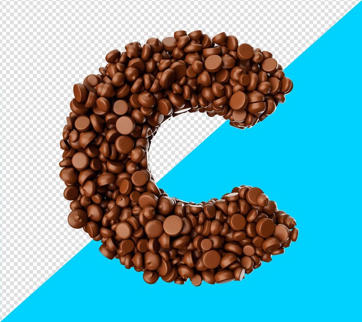 PSD alfabeto c hecho de chispas de chocolate piezas de chocolate alfabeto letra c ilustración 3d