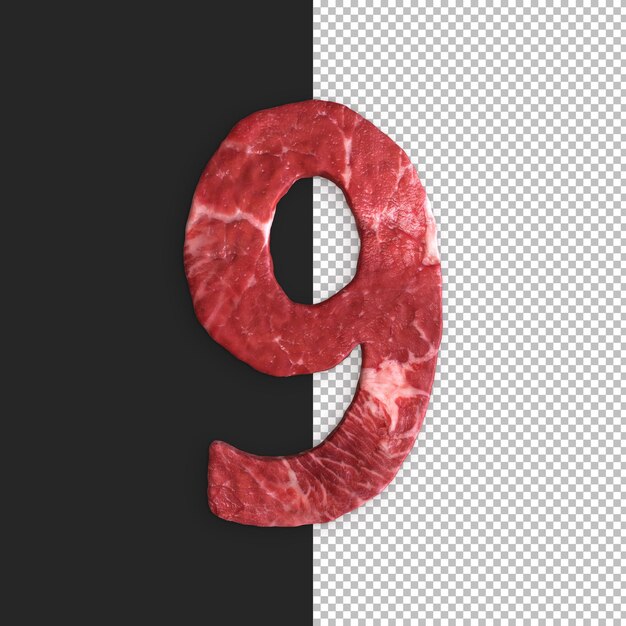 Alfabeto de carne sobre fondo negro, número 9