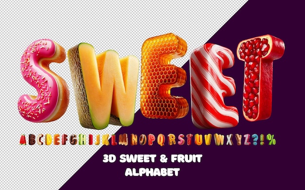 Alfabeto de dulces y frutas aislado en 3D