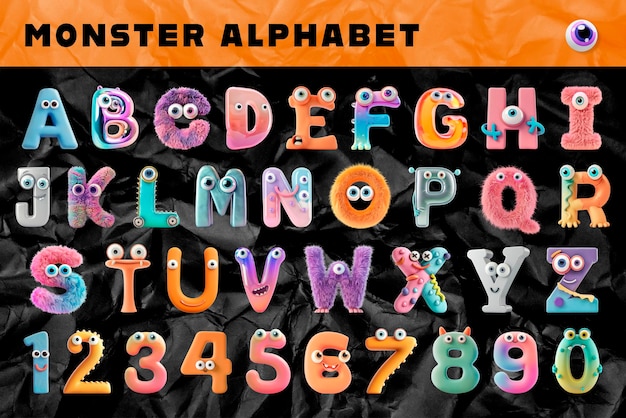 Alfabeto e numeri a tema di mostri colorati