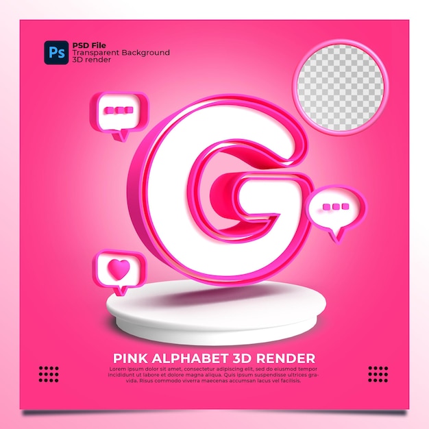 Alfabeto feminismo g 3d render com cor rosa e elementos