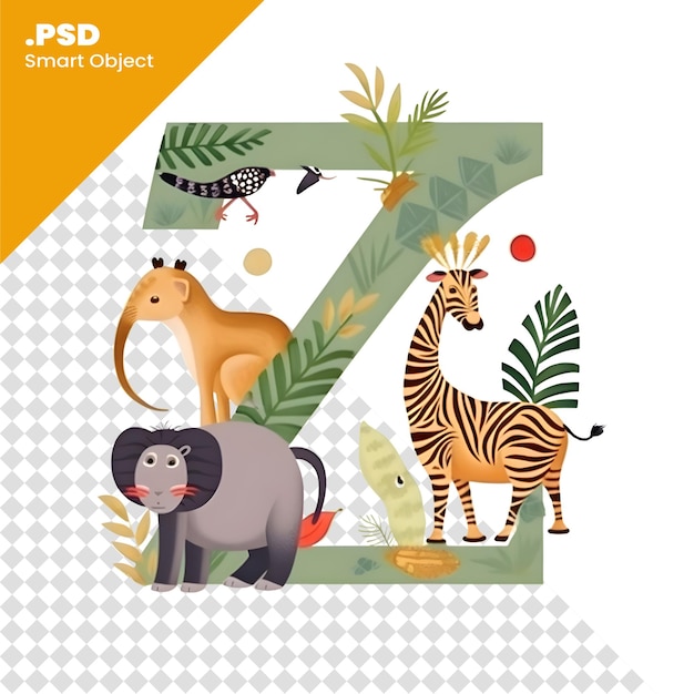 PSD alfabeto fofo do zoológico com animais modelo psd de ilustração em vetor letra z